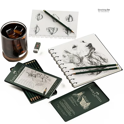 Derwent Pencils Sketching Dog Art in Open Sketchbook with Pencil Case 3d model