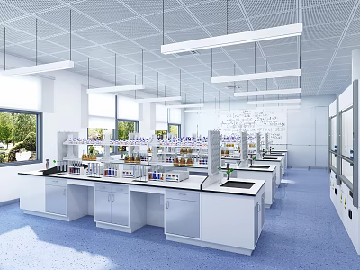 Modern Laboratory Interior With Lab Benches Equipment White Ceiling And Blue Flooring 3d model