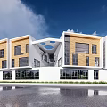 Modern School Building With White And Wooden Facade Large Windows Greenery And Front Pathway