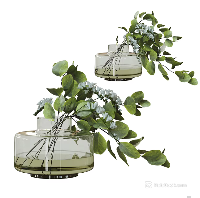 Clear Glass Vases With Green Leaves And White Small Flowers Decoration 3d model 
