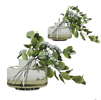 Clear Glass Vases With Green Leaves And White Small Flowers Decoration 3d model