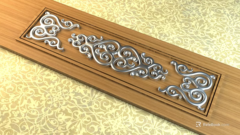 Intricate Silver Decorative Carvings On Wooden Panel With Curly Patterns 3d model
