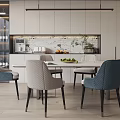 Modern Restaurant Interior With White Dining Table Blue Chairs And Pendant Lights 3d model