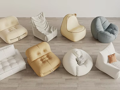 Modern Comfortable Bean Bag Chairs in Various Styles and Soft Colors 3d model
