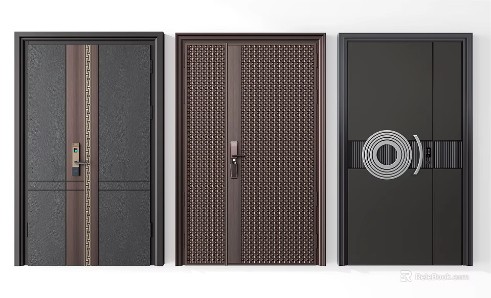 Security Doors In Modern Styles With Stripe Patterns Perforated Panels And Circular Locks 3d model 