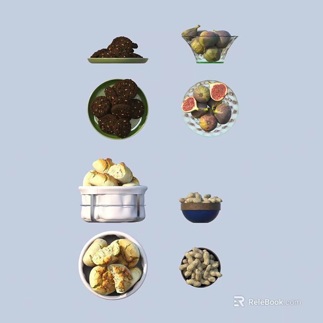 Assorted Delicious Food With Chocolate Cookies Figs Green Fruits And Peanuts In Bowls 3d model 