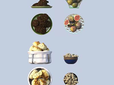 Assorted Delicious Food With Chocolate Cookies Figs Green Fruits And Peanuts In Bowls 3d model