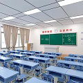 School Bright Classroom With Blue Desks Chairs Green Blackboard Windows Curtains And Ceiling Lights