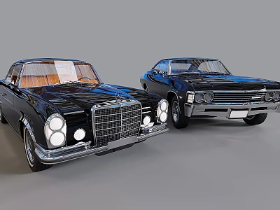 Two Black Classic Vintage Cars With Retro Design And Chrome Details 3d model