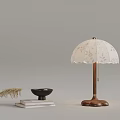 Vintage Table Lamp With White Lace Shade Wooden Base Black Bowl Books And Dried Grass