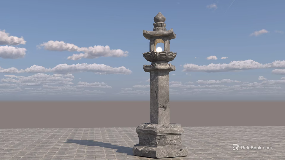 Traditional Stone Lantern Sculpture with Carved Base and Pillar Against Blue Sky Background 3d model 