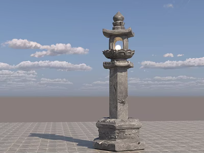 Traditional Stone Lantern Sculpture with Carved Base and Pillar Against Blue Sky Background 3d model