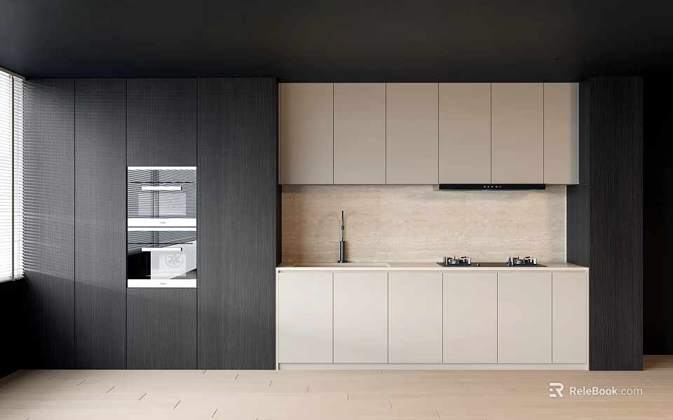 Modern Kitchen Featuring Dark And Light Cabinets With Countertop Backsplash And Appliances 3d model 
