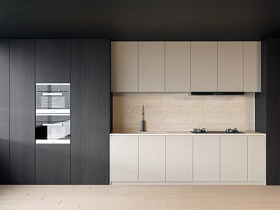 Modern Kitchen Featuring Dark And Light Cabinets With Countertop Backsplash And Appliances 3d model