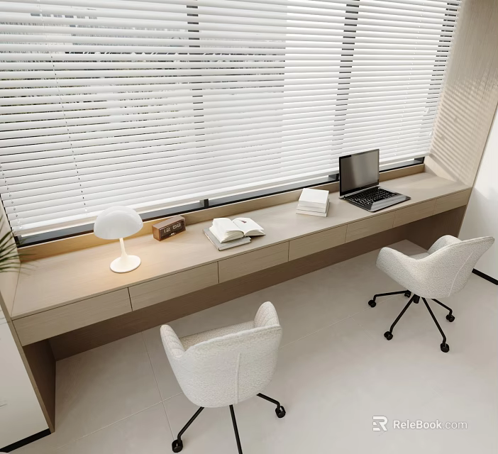 Modern desk and white chair set with laptop books and table lamp by window 3d model 