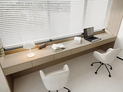 Modern desk and white chair set with laptop books and table lamp by window 3d model
