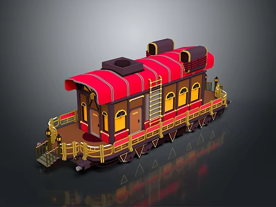 Vintage Train Carriage With Red Roof Brown Body Yellow Windows Golden Railings And Ladder 3d model