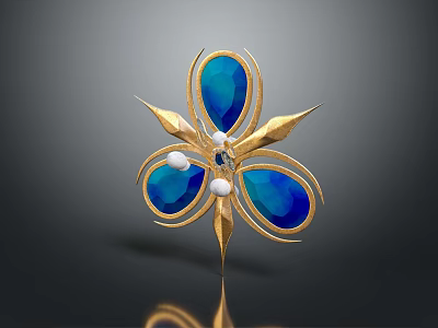 Elegant Flower Shaped Jewelry Brooch with Golden Petals Blue Gemstones and White Pearls 3d model