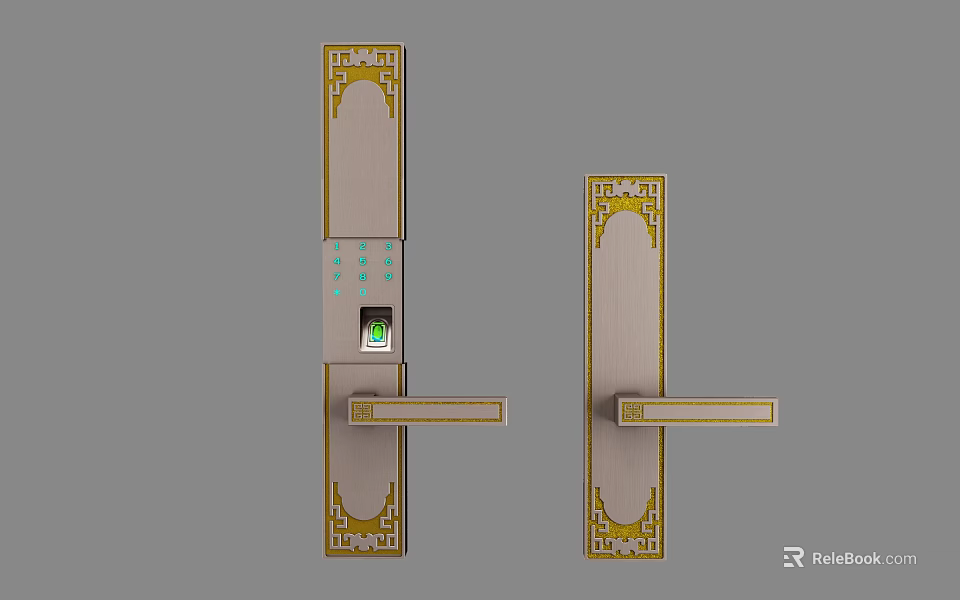 Smart Door Handle With Fingerprint Recognition Keypad And Golden Decorative Frame 3d model 