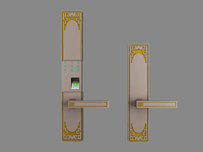 Smart Door Handle With Fingerprint Recognition Keypad And Golden Decorative Frame 3d model