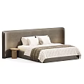 Modern Double Bed With Quilted Mattress Upholstered Headboard Pillows And Bedside Stool