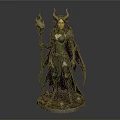 Horned Winged Woman With Long Black Hair Holding Flame Staff On Skull Base