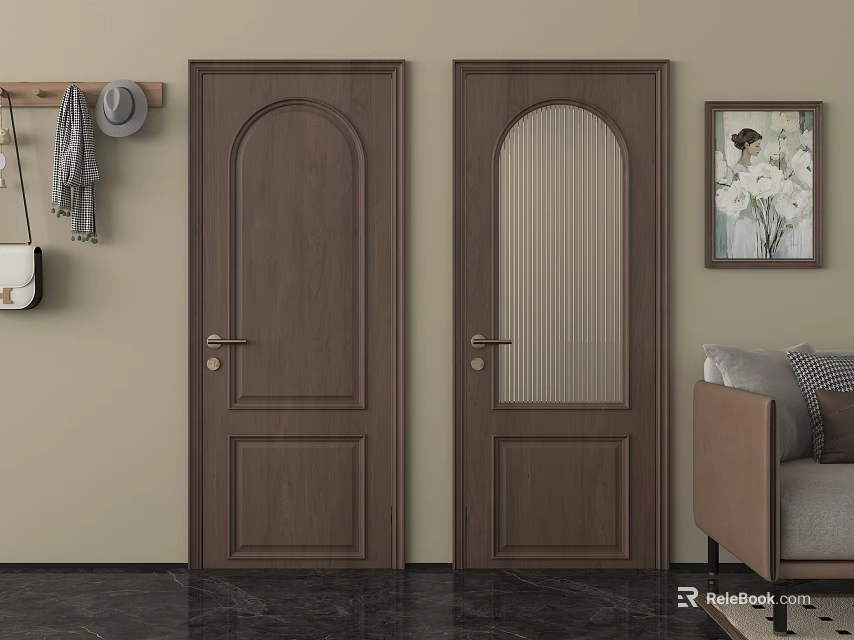 Brown Solid Wood Hinged Doors With Glass Panel For Interior Space 3d model 