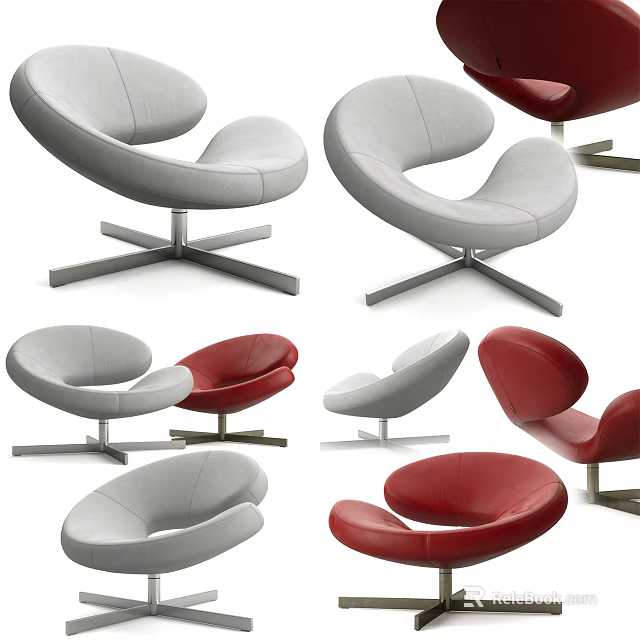 Modern Single Chair Designs In Gray And Red With Curved Shape And Metal Base 3d model 