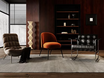 Three Stylish Lounge Chairs in Cozy Interior with Wooden Wall Bookshelf Floor Lamp and Window 3d model