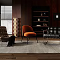 Three Stylish Lounge Chairs in Cozy Interior with Wooden Wall Bookshelf Floor Lamp and Window