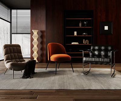 Three Stylish Lounge Chairs in Cozy Interior with Wooden Wall Bookshelf Floor Lamp and Window 3d model