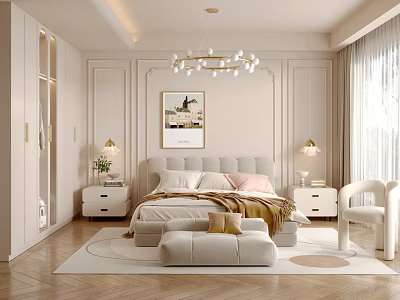 Neutral Modern Bedroom Interior With Upholstered Bed Nightstands Lamps Chandelier Herringbone Rug And Armchair 3d model