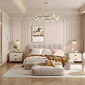 Neutral Modern Bedroom Interior With Upholstered Bed Nightstands Lamps Chandelier Herringbone Rug And Armchair