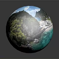 Garden Landscape Design On Globe With Lush Green Vegetation Rocky Cliffs And Blue Sea
