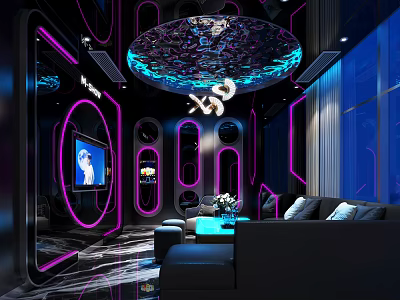 Modern KTV Interior With Neon Lights Circular Ceiling And Luxury Sofa Lounge 3d model