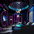 Modern KTV Interior With Neon Lights Circular Ceiling And Luxury Sofa Lounge