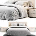 Modern Cozy Bedroom With Upholstered Beige Headboard Gray Comforter Pillows And Wooden Nightstand
