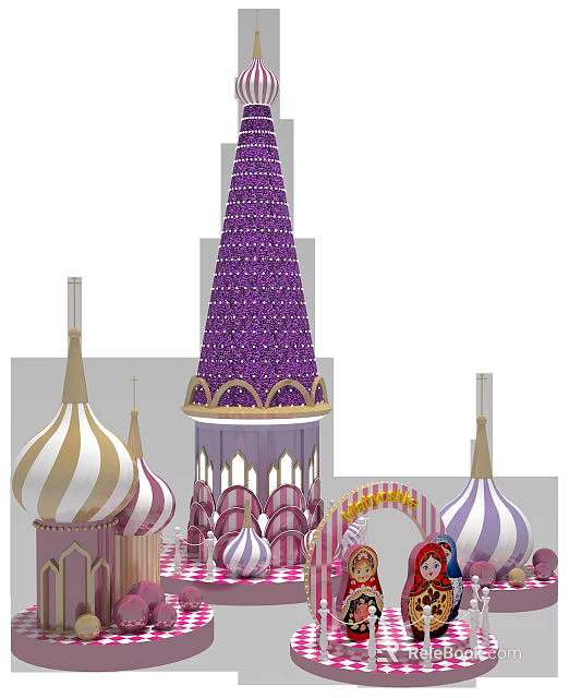 Colorful Decorative Ornament Set With Purple Tower Striped Pink Domes And Gold Accents 3d model 