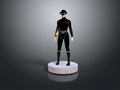 Sleek Black Tactical Weapon Carried By Goggled Figure In Bodysuit On White Pedestal 3d model
