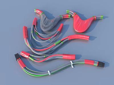 Coiled Electronic Cables with Red Gray Green Sleeves and Black Connectors for Devices 3d model