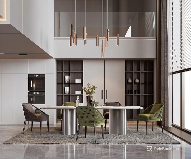 Modern Open Restaurant Interior With Copper Chandelier Dining Table Green Chairs And Large Windows 3d model 