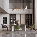 Modern Open Restaurant Interior With Copper Chandelier Dining Table Green Chairs And Large Windows