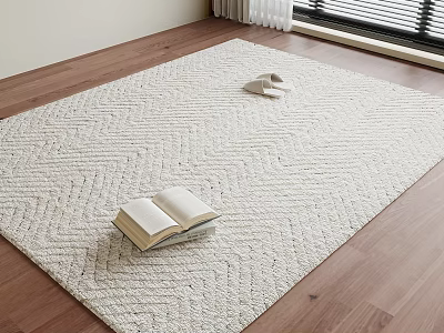 Neutral Herringbone Square Rug On Wooden Floor With Open Book And Slippers 3d model