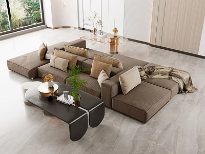 Modern Brown Sofa And Coffee Table Set In Living Room With Multiple Cushions Decorative Items 3d model