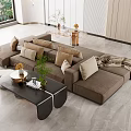 Modern Brown Sofa And Coffee Table Set In Living Room With Multiple Cushions Decorative Items