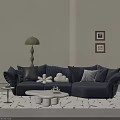 Navy Velvet Sofa Coffee Table Combination with White Coffee Table Green Floor Lamp and Pillows