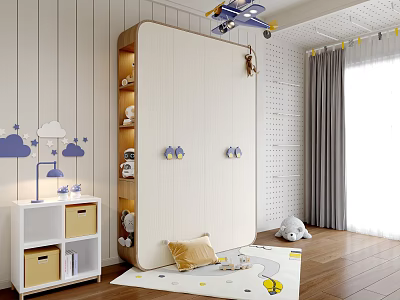 Modern Kids Room Interior With Cloud Star Decals Airplane Model Storage Cabinet And Wooden Floor 3d model