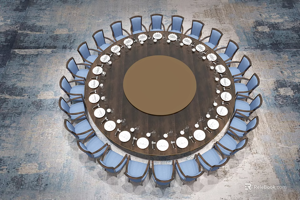 Round Dining Table Set With Blue Chairs And Arranged White Dinnerware 3d model 