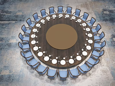 Round Dining Table Set With Blue Chairs And Arranged White Dinnerware 3d model