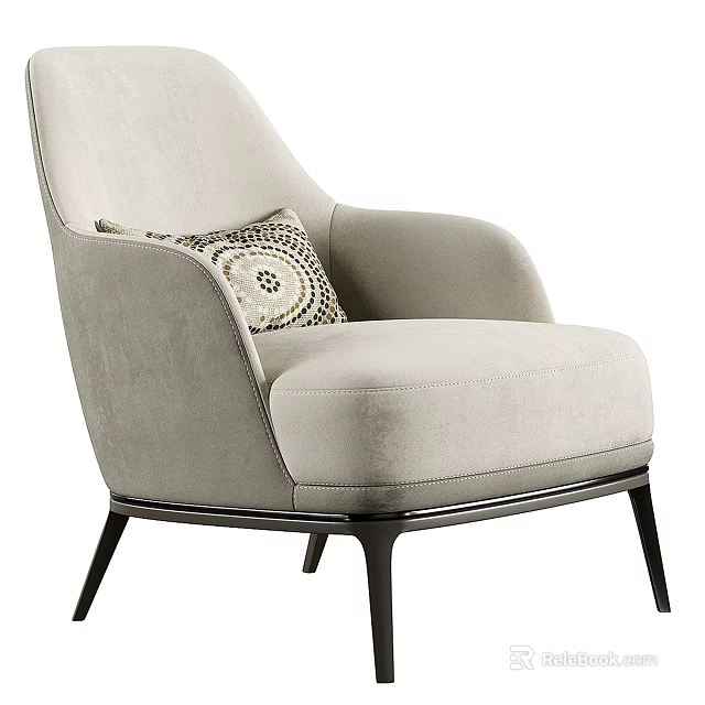 Modern Single Sofa Light Gray Velvet Upholstered With Decorative Pillow And Black Metal Legs 3d model 